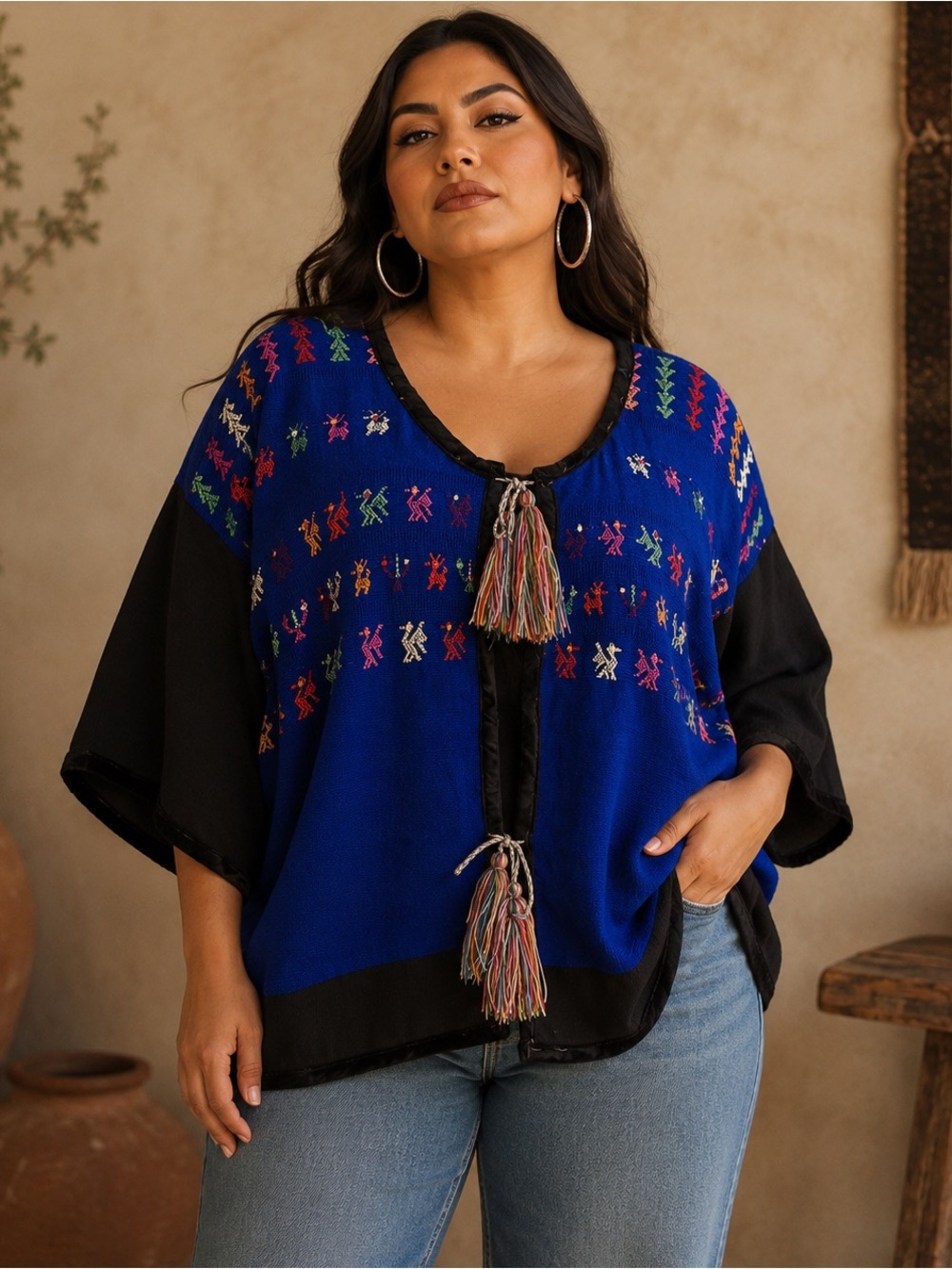 VTG Handmade Huipil Mexican Guatamalan Short Sleeve Thick Lined Cardigan Sz M-L